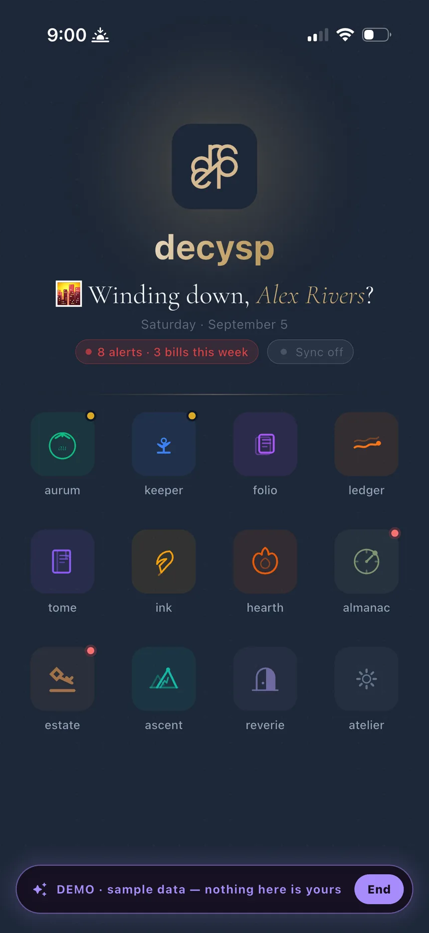 The decysp home screen — one home for everything