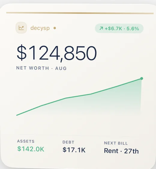 dWealth large widget — net worth, trend, assets, debt and next bill